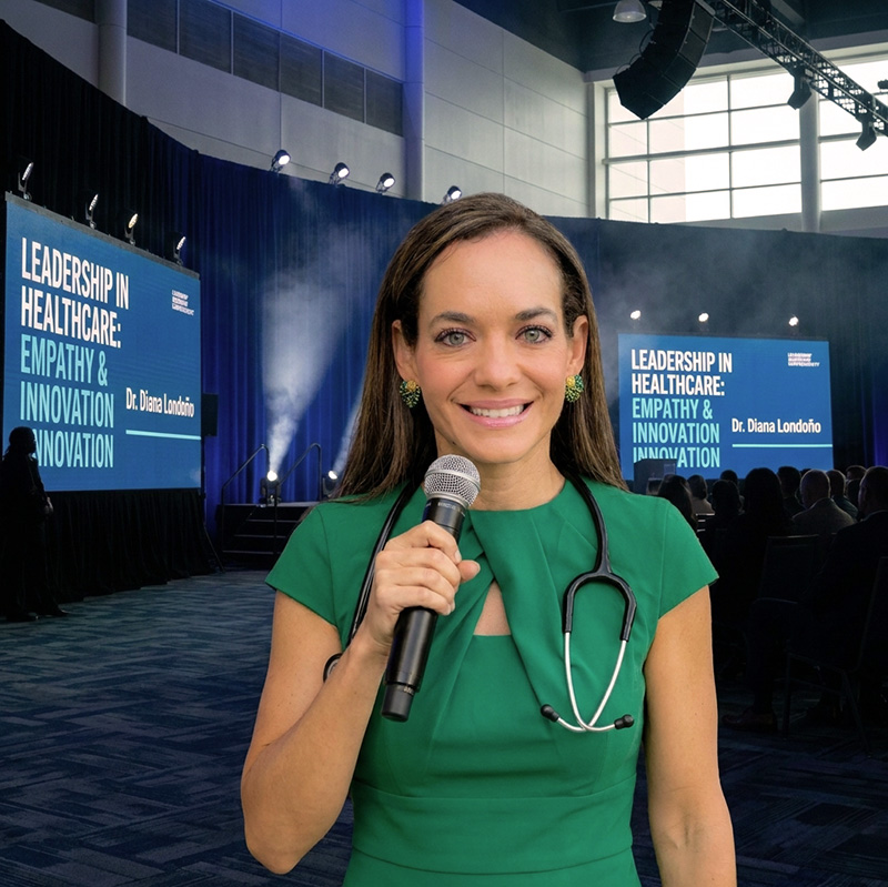 Dr Londono holding a microphone with a stage and screens in the background